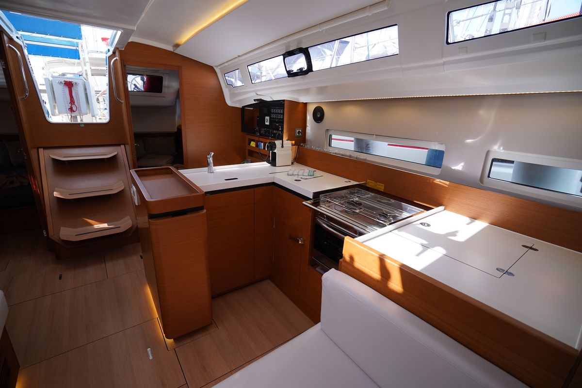 Galley of Free Me, a Jeanneau Sun Odyssey 410 sailboat at Municipal Unit of Rhodes, Greece