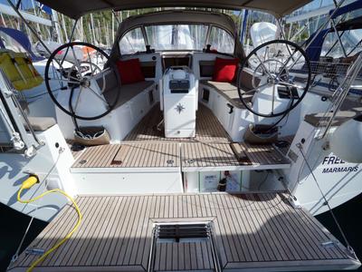 Cockpit of Free Me, a Jeanneau Sun Odyssey 410 sailboat at Municipal Unit of Rhodes, Greece