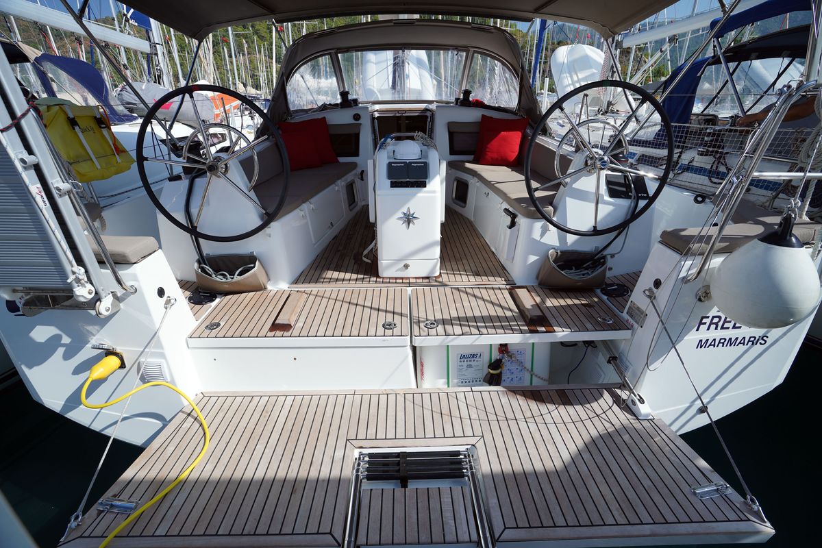 Cockpit of Free Me, a Jeanneau Sun Odyssey 410 sailboat at Municipal Unit of Rhodes, Greece