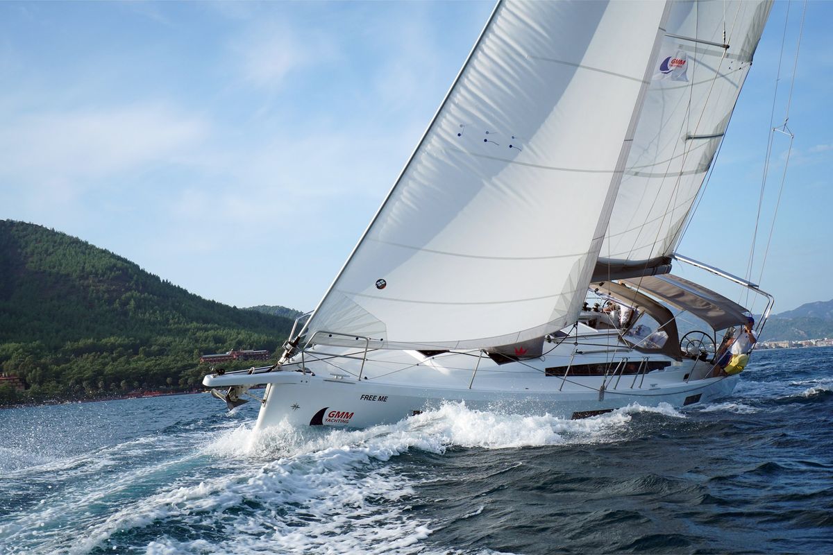 Exterior view of Free Me, a Jeanneau Sun Odyssey 410 sailboat at Municipal Unit of Rhodes, Greece