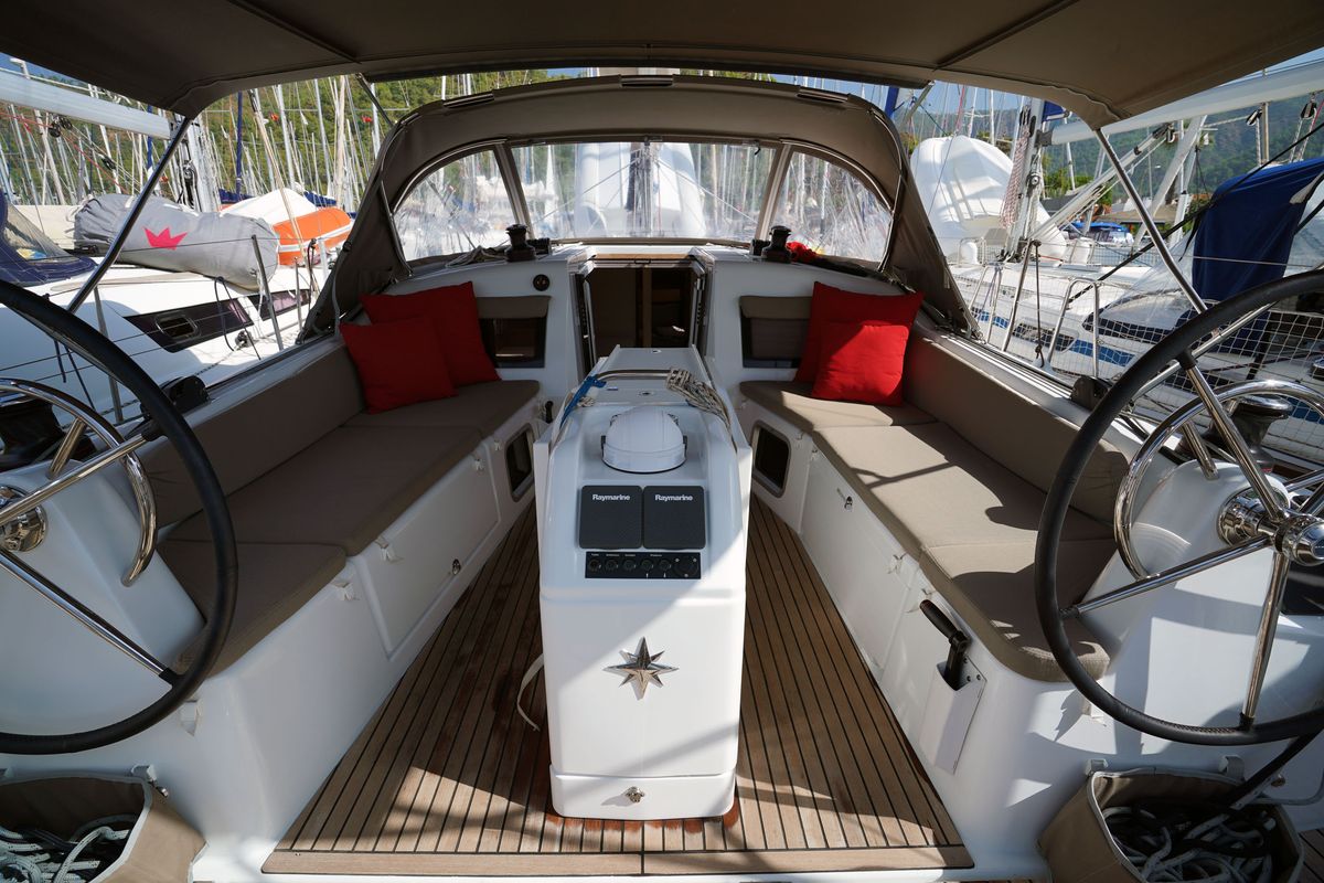 Cockpit of Free Me, a Jeanneau Sun Odyssey 410 sailboat at Municipal Unit of Rhodes, Greece