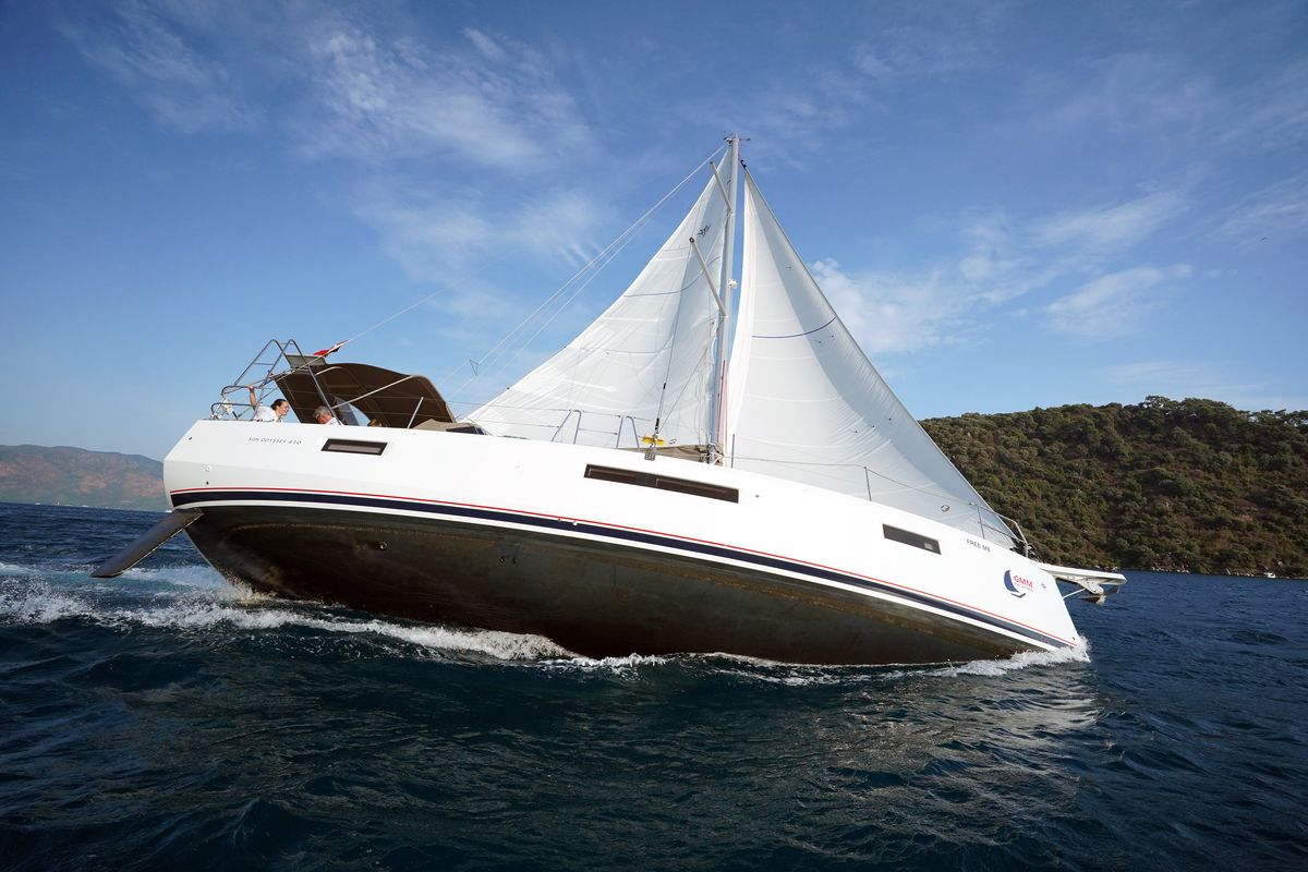 Exterior view of Free Me, a Jeanneau Sun Odyssey 410 sailboat at Municipal Unit of Rhodes, Greece