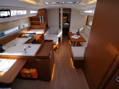 Salon of Free Me, a Jeanneau Sun Odyssey 410 sailboat at Municipal Unit of Rhodes, Greece