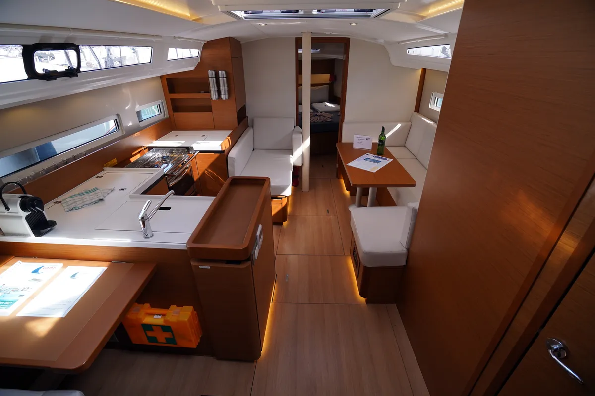 Salon of Free Me, a Jeanneau Sun Odyssey 410 sailboat at Municipal Unit of Rhodes, Greece