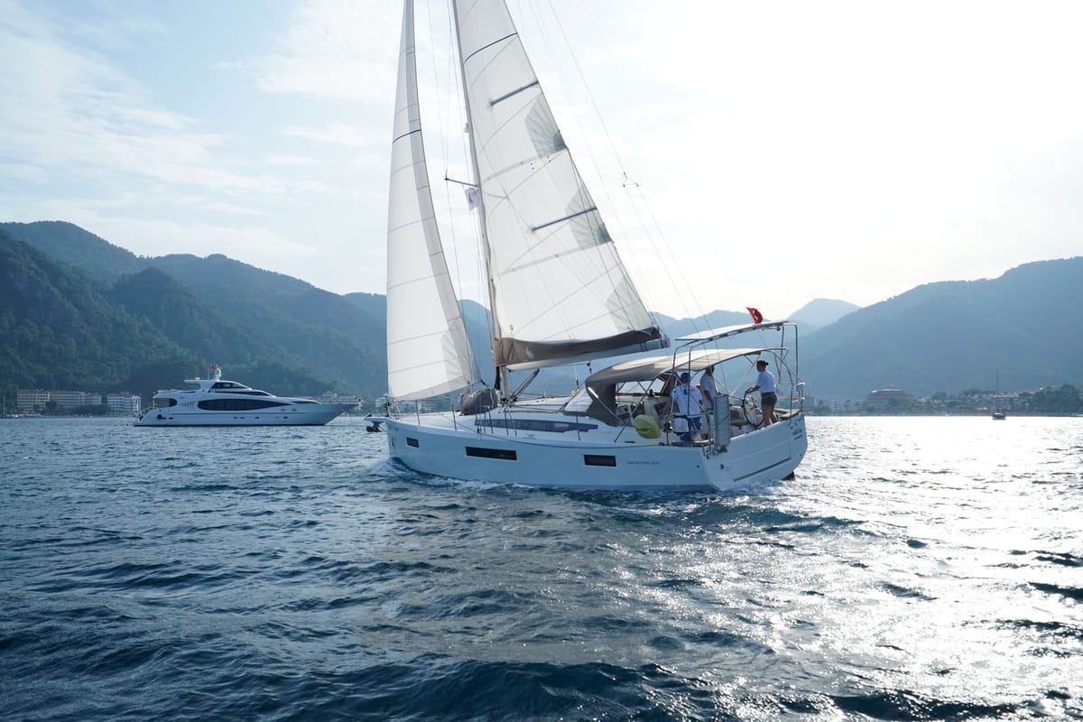 Exterior view of Free Me, a Jeanneau Sun Odyssey 410 sailboat at Municipal Unit of Rhodes, Greece