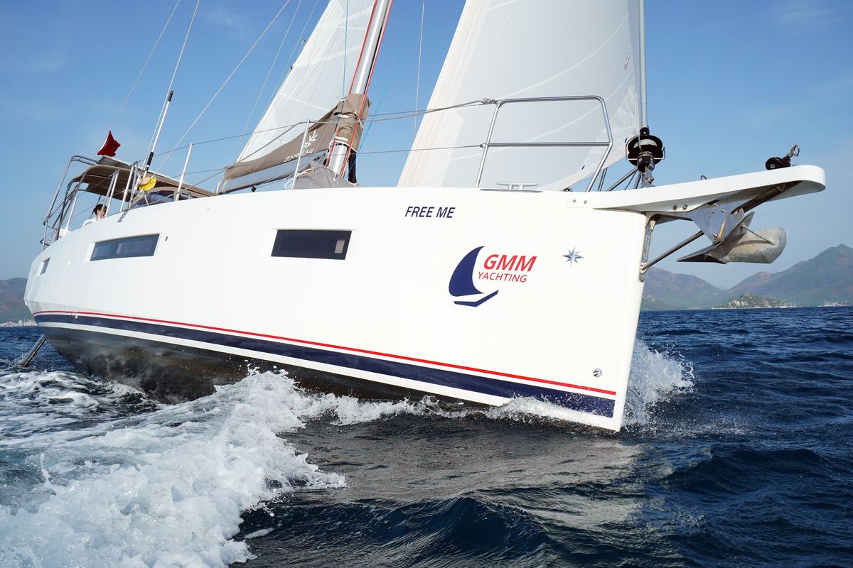 Exterior view of Free Me, a Jeanneau Sun Odyssey 410 sailboat at Municipal Unit of Rhodes, Greece