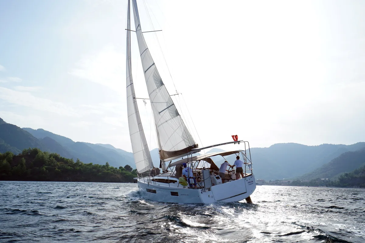 Exterior view of Free Me, a Jeanneau Sun Odyssey 410 sailboat at Municipal Unit of Rhodes, Greece