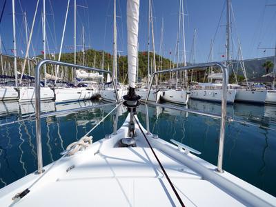 Deck of Free Me, a Jeanneau Sun Odyssey 410 sailboat at Municipal Unit of Rhodes, Greece