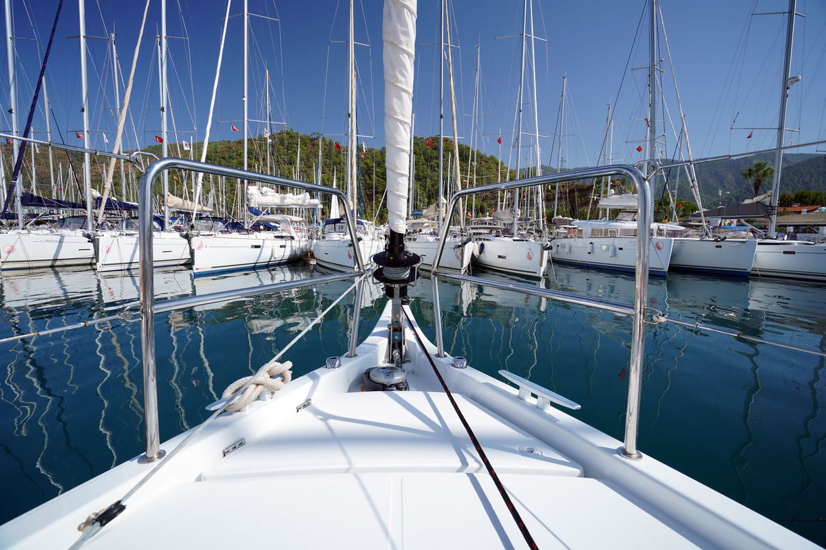 Deck of Free Me, a Jeanneau Sun Odyssey 410 sailboat at Municipal Unit of Rhodes, Greece