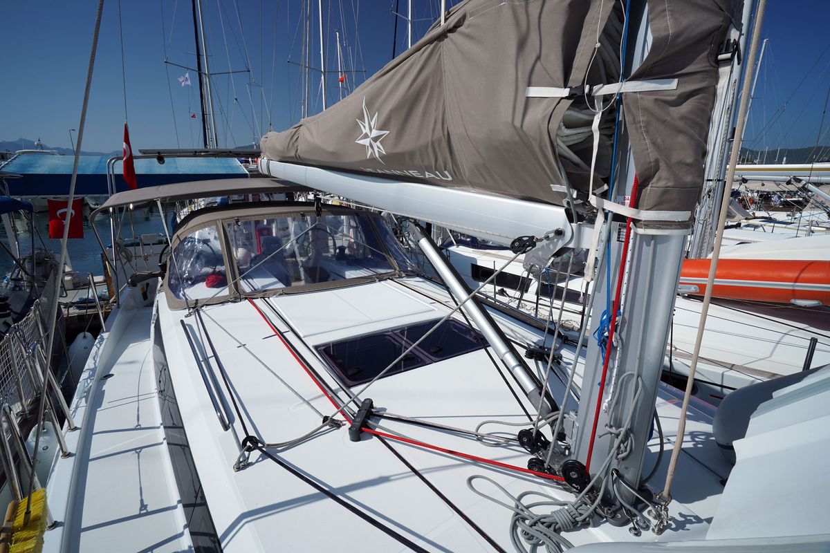 Deck of Free Me, a Jeanneau Sun Odyssey 410 sailboat at Municipal Unit of Rhodes, Greece