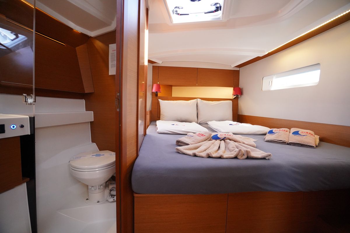 Cabin on Free Me, a Jeanneau Sun Odyssey 410 sailboat at Municipal Unit of Rhodes, Greece