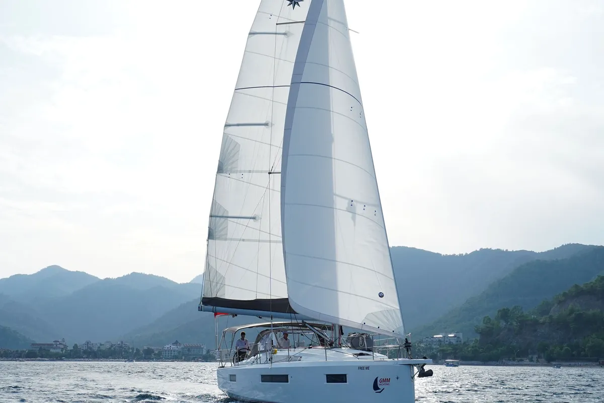 Exterior view of Free Me, a Jeanneau Sun Odyssey 410 sailboat at Municipal Unit of Rhodes, Greece