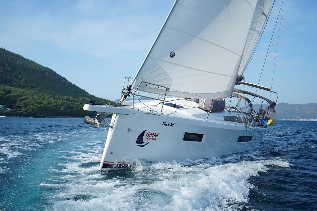 Exterior view of Free Me, a Jeanneau Sun Odyssey 410 sailboat at Municipal Unit of Rhodes, Greece