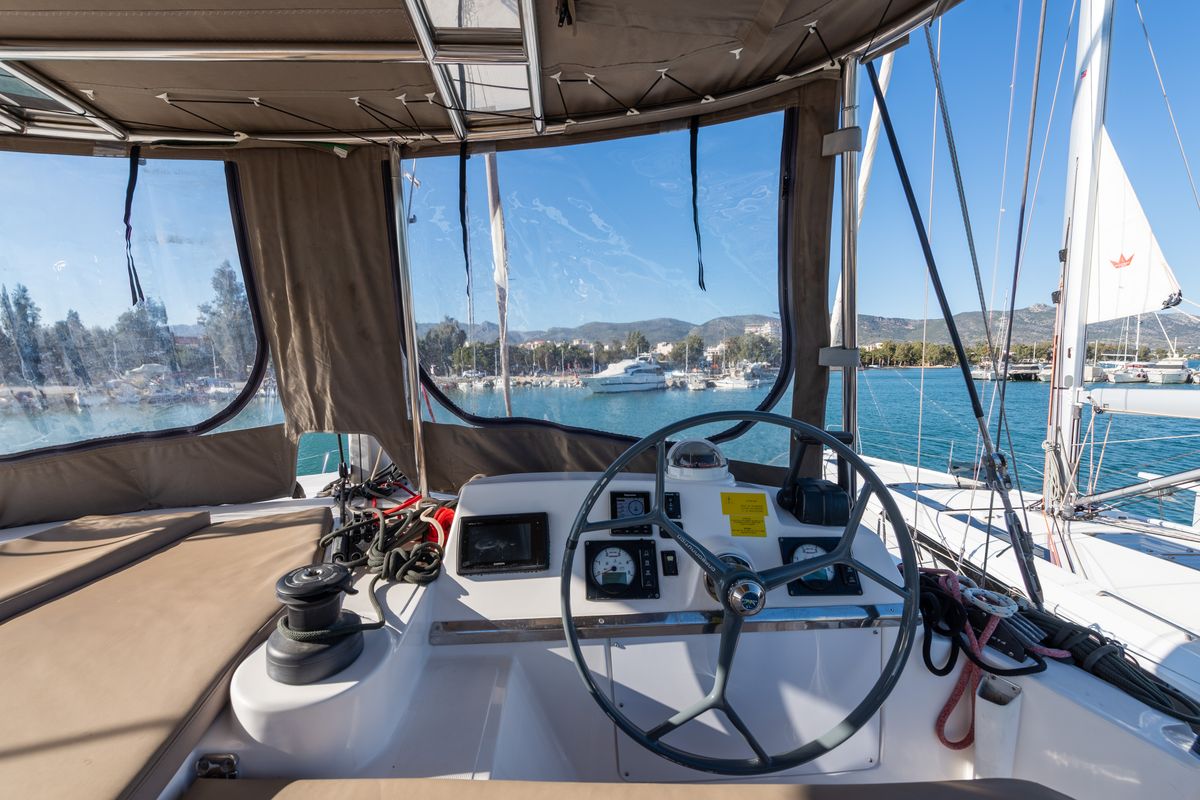 Cockpit of Ramon, a Bali 4.1 catamaran at Municipal Unit of Lefkada, Greece