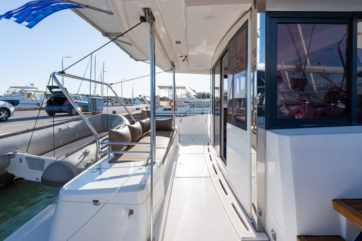 Deck of Ramon, a Bali 4.1 catamaran at Municipal Unit of Lefkada, Greece