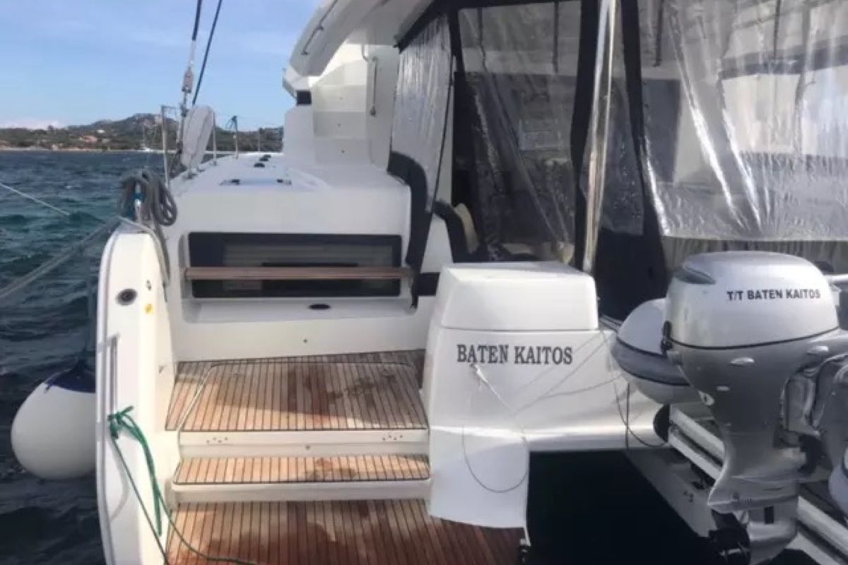 Exterior view of Baten Kaitos II, a Lagoon 50 catamaran at Salerno, Italy
