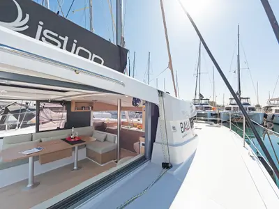 Deck of One Love, a Bali Catsmart catamaran at Volos Municipality, Greece
