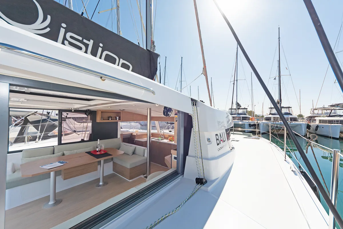 Deck of One Love, a Bali Catsmart catamaran at Volos Municipality, Greece