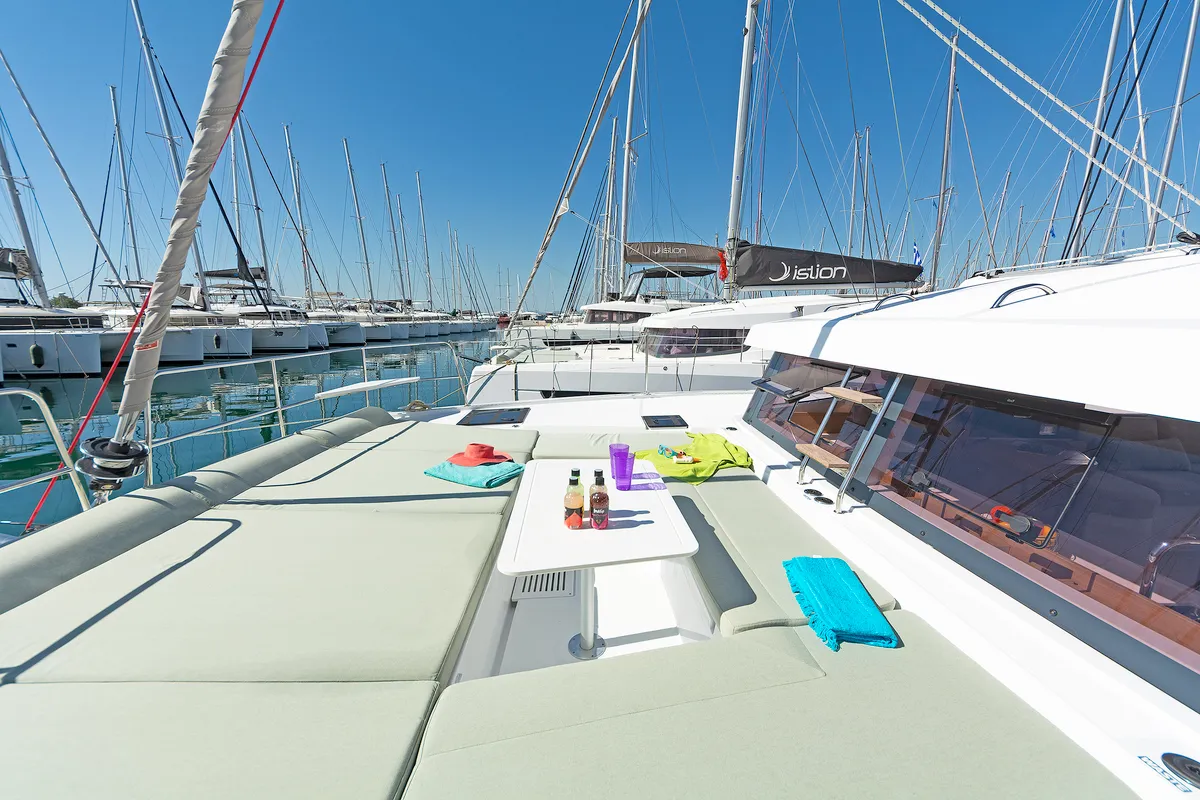 Deck of One Love, a Bali Catsmart catamaran at Volos Municipality, Greece