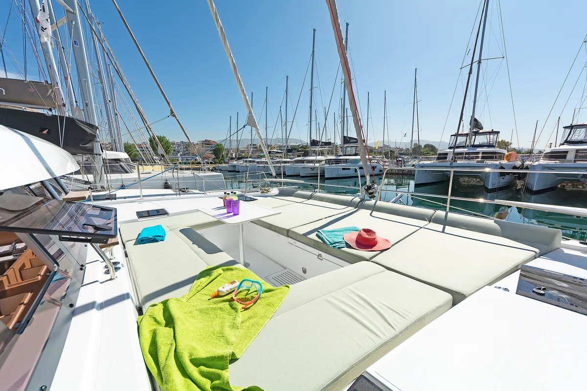 Deck of One Love, a Bali Catsmart catamaran at Volos Municipality, Greece