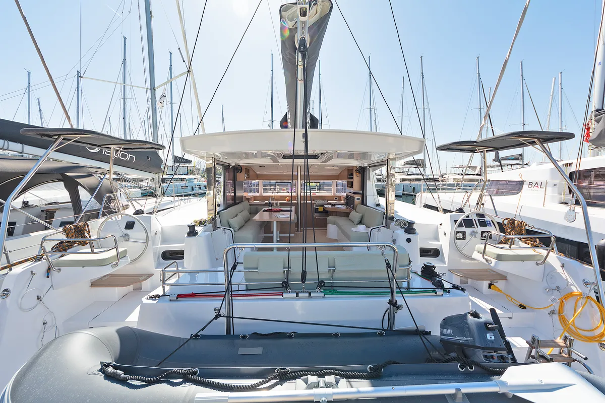 Deck of One Love, a Bali Catsmart catamaran at Volos Municipality, Greece