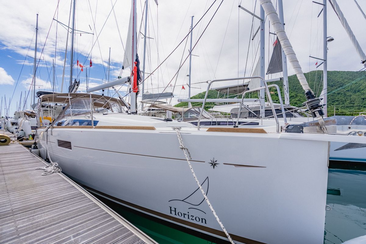 Exterior view of Minx, a Jeanneau Sun Odyssey 349 sailboat at Road Town, British Virgin Islands