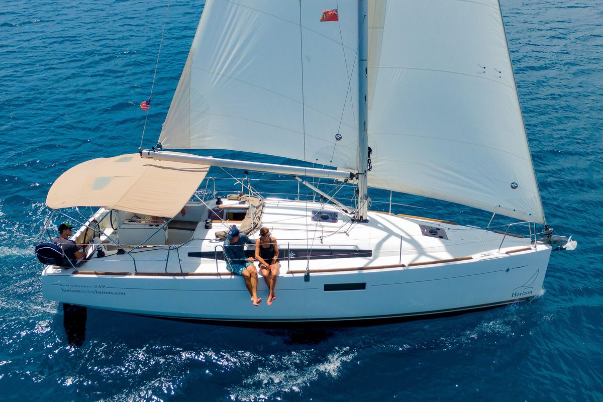 Exterior view of Minx, a Jeanneau Sun Odyssey 349 sailboat at Road Town, British Virgin Islands