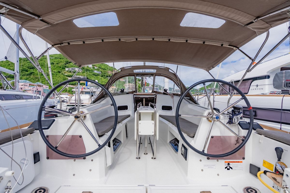 Cockpit of Minx, a Jeanneau Sun Odyssey 349 sailboat at Road Town, British Virgin Islands