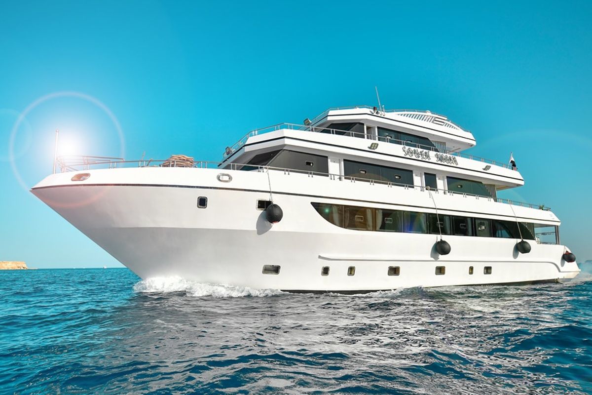 Exterior view of Comfort Cabin Upper Deck 4, a Gulet Luxury Motor Yacht motorboat at Sharm El Sheikh, Egypt