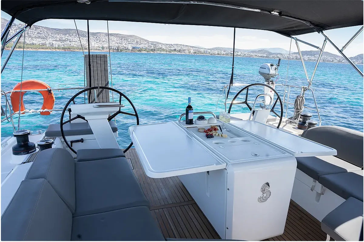 Cockpit of Bolero, a Beneteau Oceanis 51.1 sailboat at Municipal Unit of Lefkada, Greece
