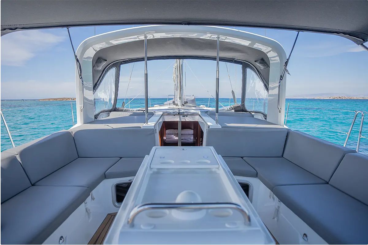 Deck of Bolero, a Beneteau Oceanis 51.1 sailboat at Municipal Unit of Lefkada, Greece