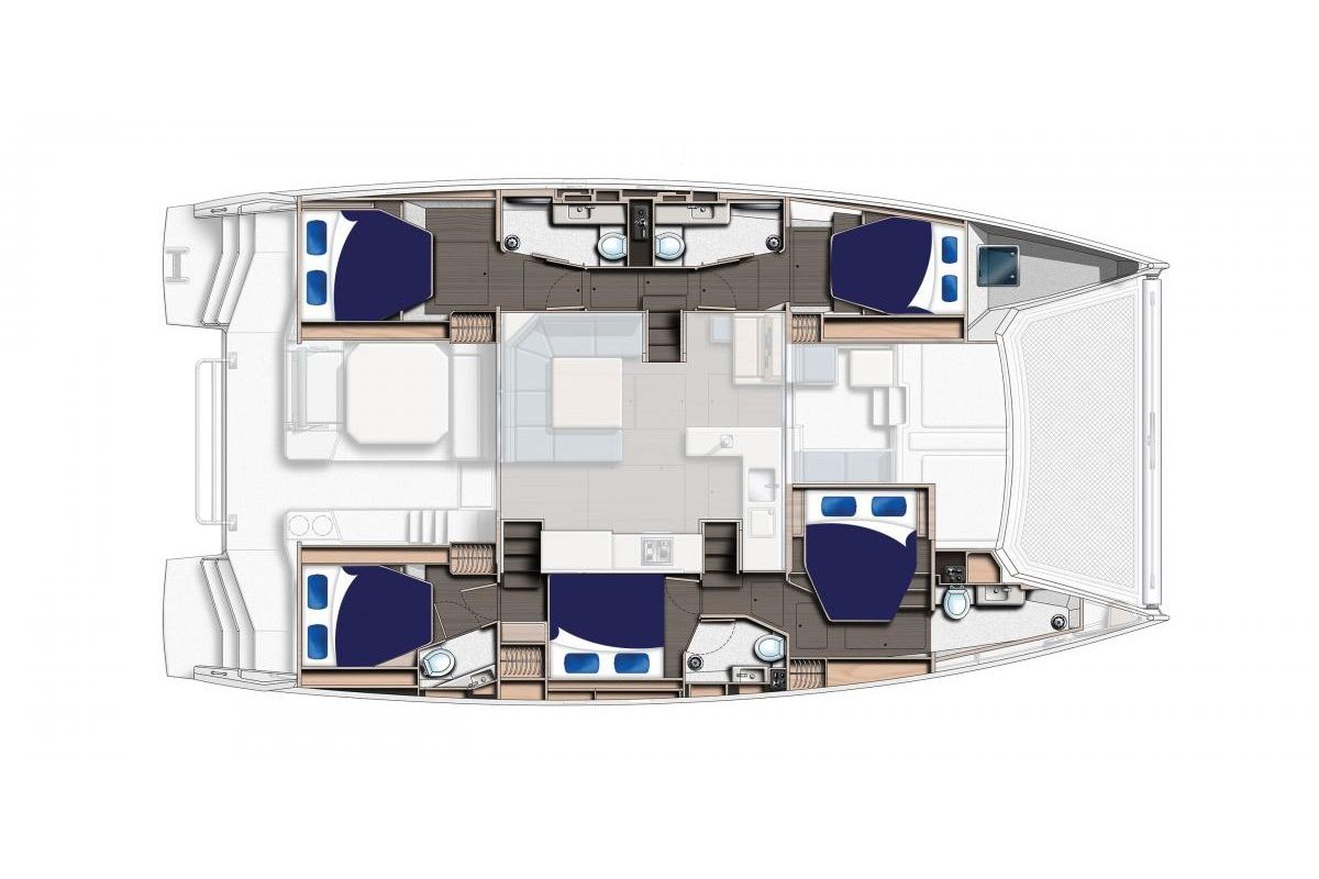 Floor plan of Moorings 5000-5 Club, a Leopard 50 catamaran at Tonnarella, Italy