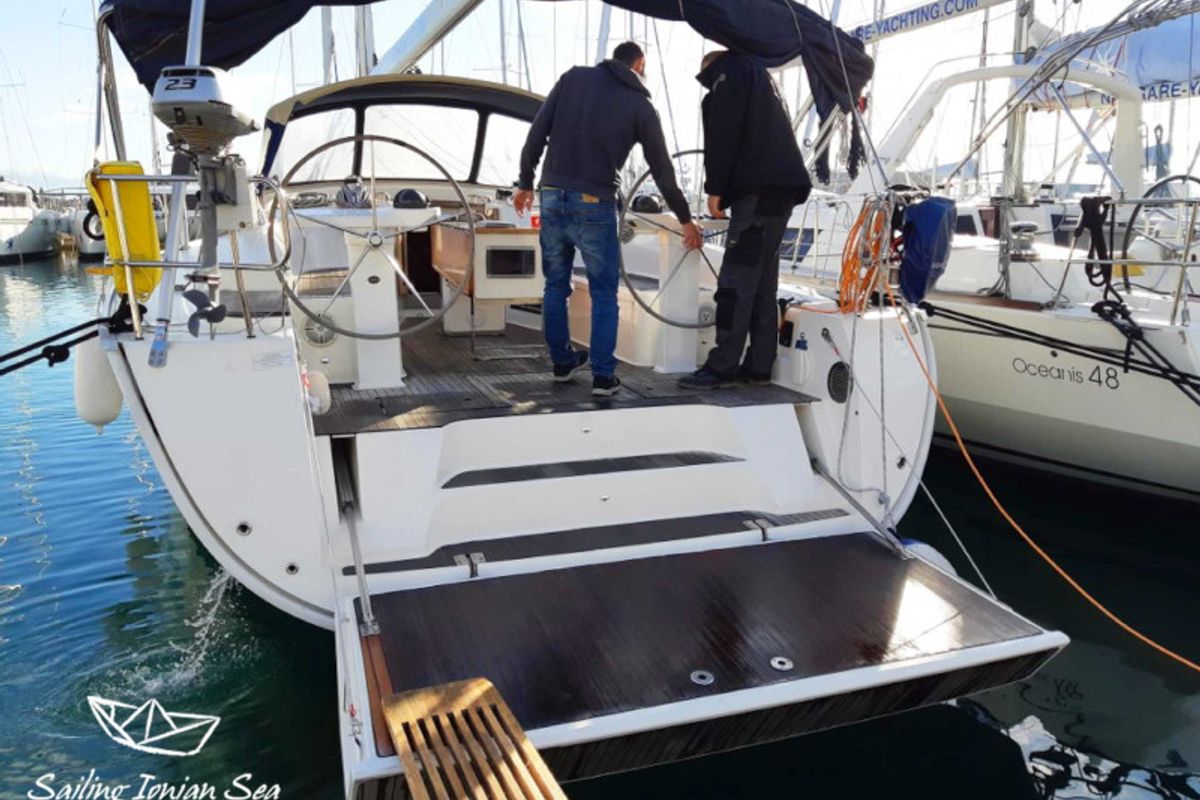 Deck of Midas, a Bavaria 45 Cruiser sailboat at Municipal Unit of Lefkada, Greece