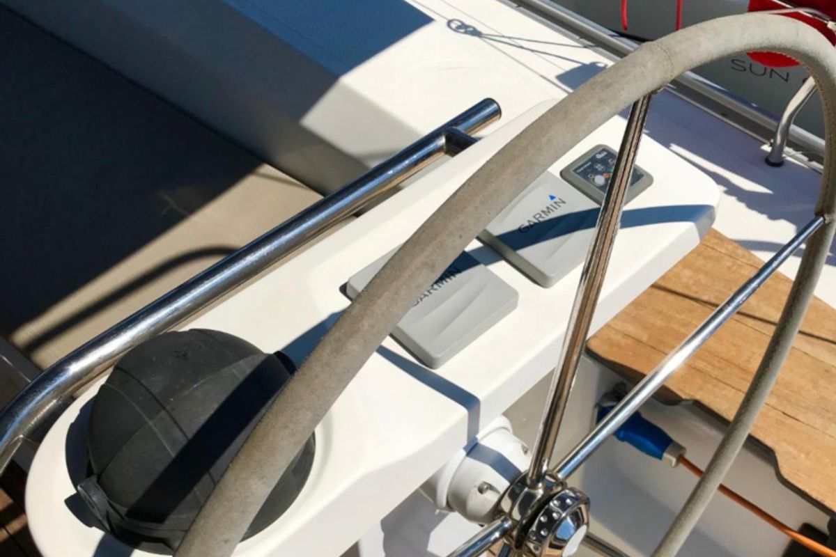 Cockpit of Midas, a Bavaria 45 Cruiser sailboat at Municipal Unit of Lefkada, Greece