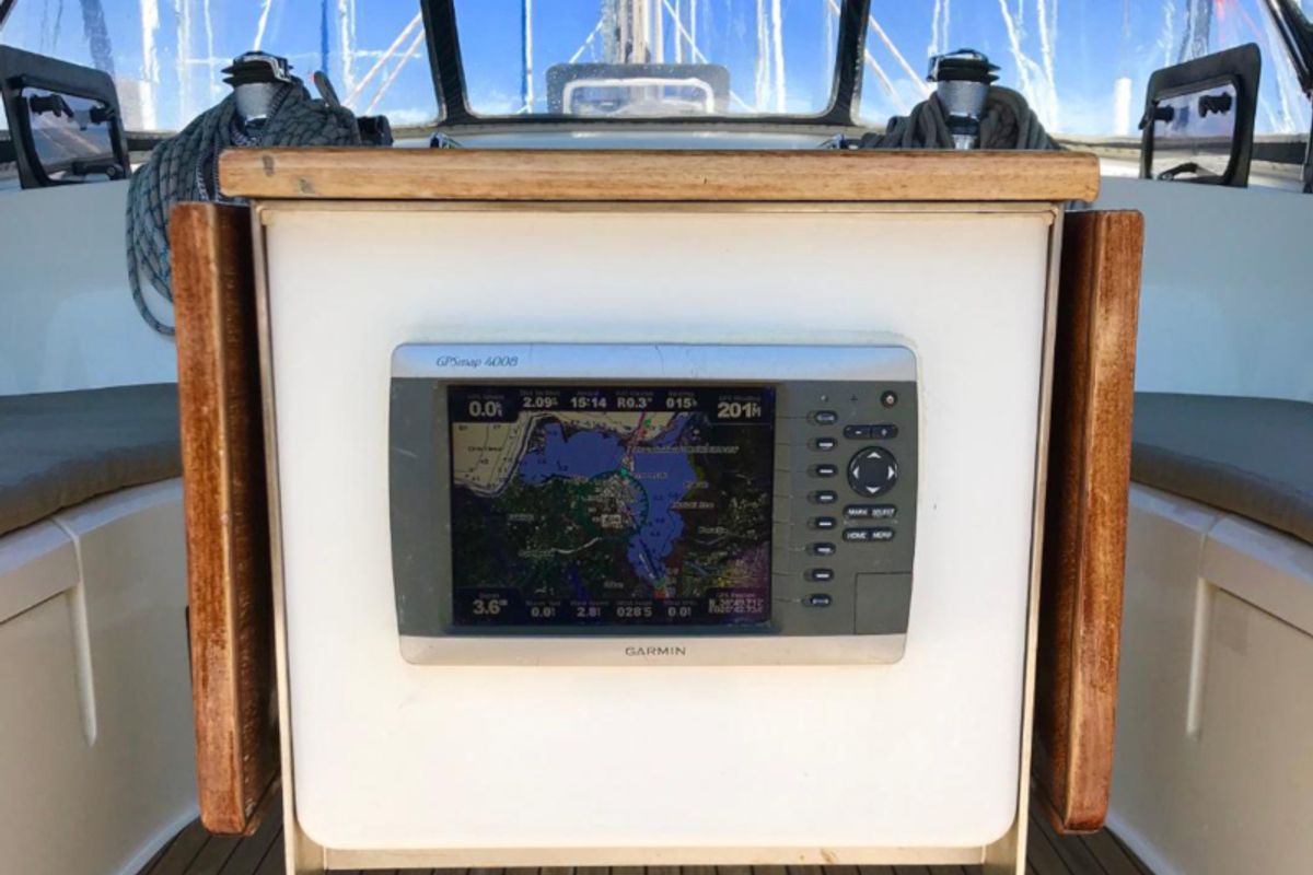 Cockpit of Midas, a Bavaria 45 Cruiser sailboat at Municipal Unit of Lefkada, Greece