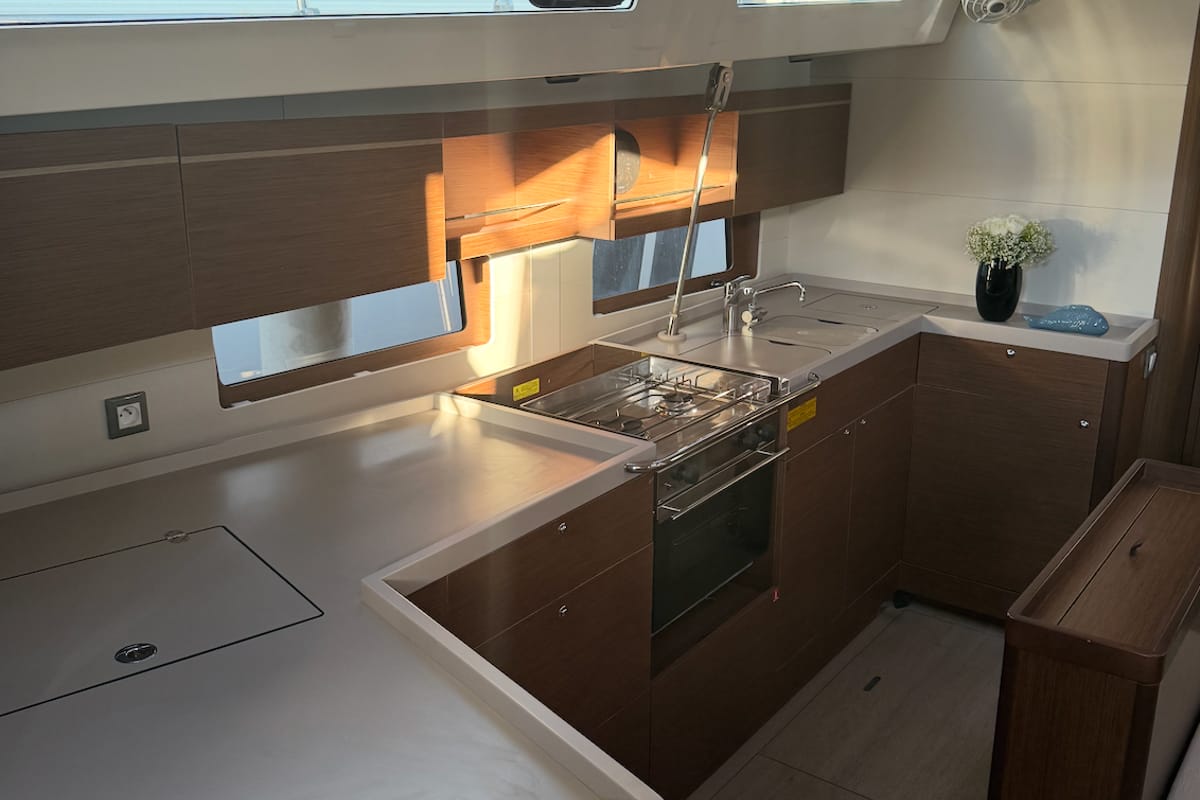 Galley of Athena 4, a Beneteau Oceanis 46.1 sailboat at Fethiye, Turkey
