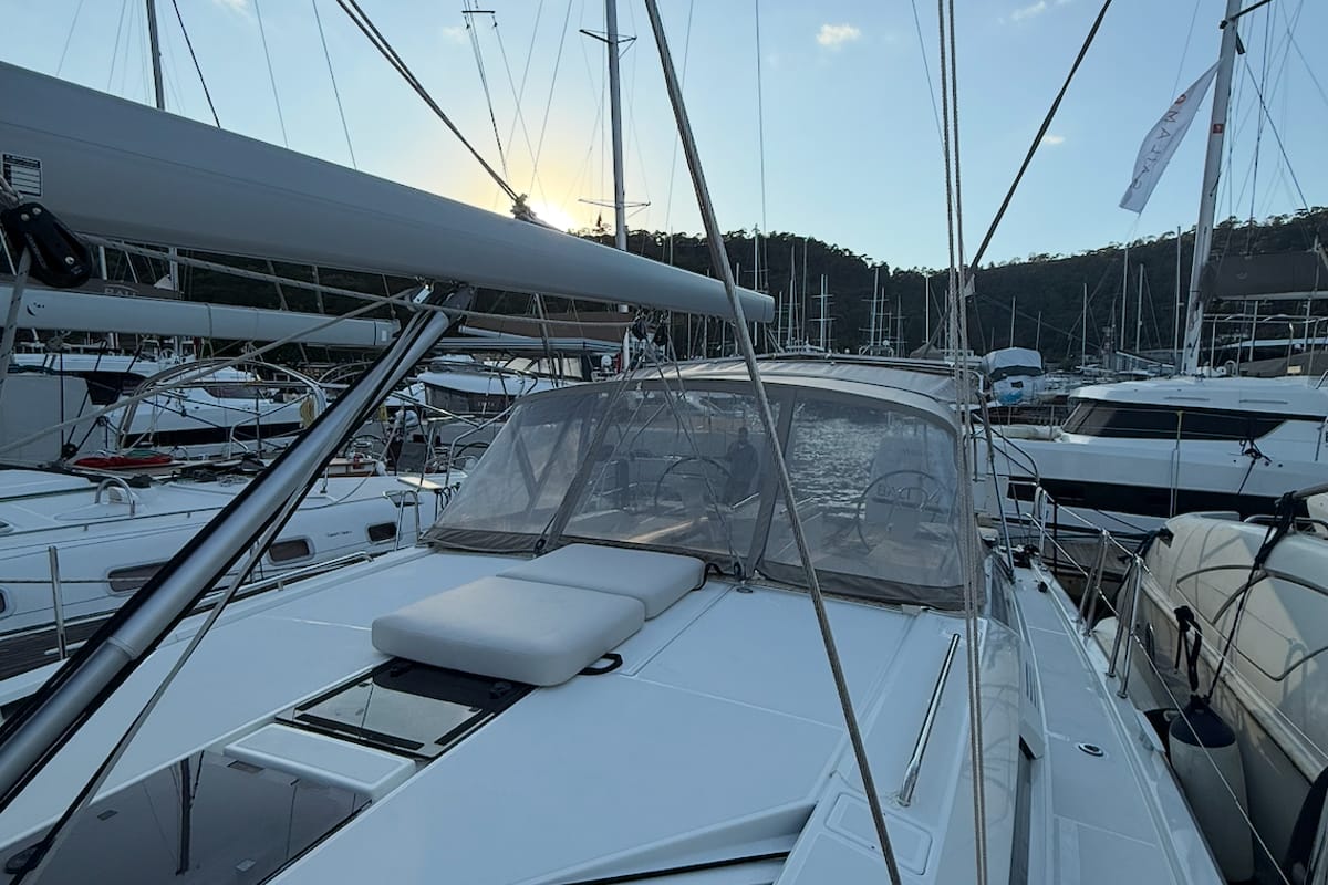 Deck of Athena 4, a Beneteau Oceanis 46.1 sailboat at Fethiye, Turkey