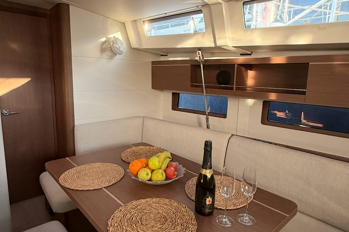 Salon of Athena 4, a Beneteau Oceanis 46.1 sailboat at Fethiye, Turkey