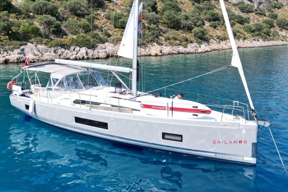 Exterior view of Athena 4, a Beneteau Oceanis 46.1 sailboat at Fethiye, Turkey