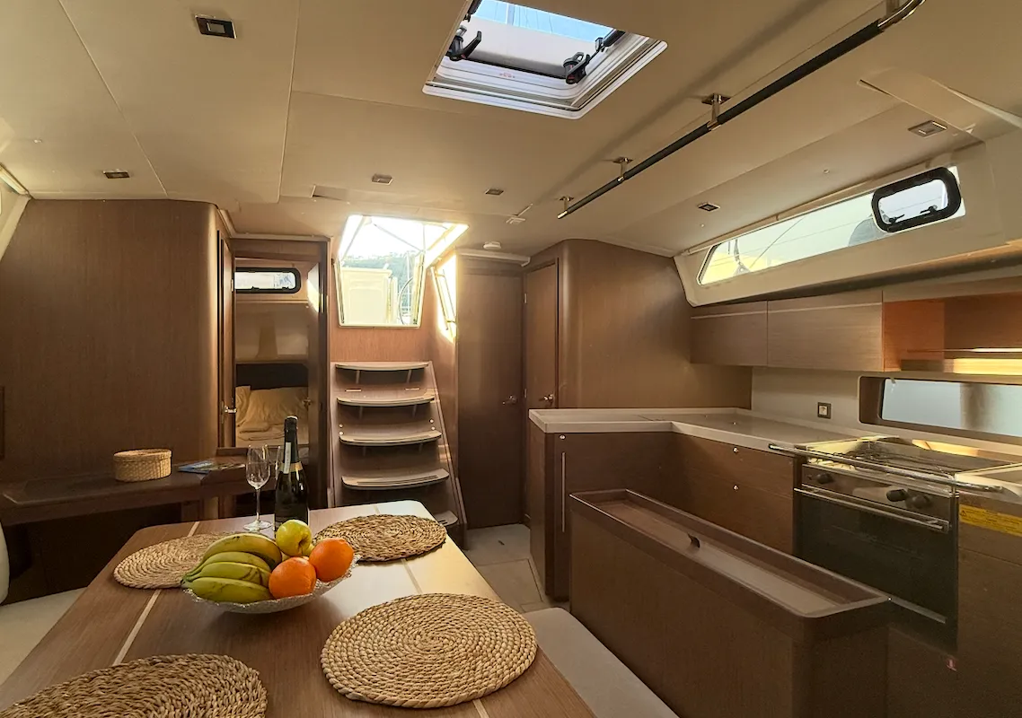 Salon of Athena 4, a Beneteau Oceanis 46.1 sailboat at Fethiye, Turkey