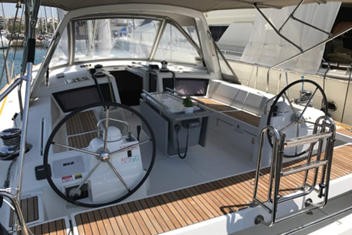 Cockpit of Skiron, a Beneteau Oceanis 48 sailboat at Athens, Greece