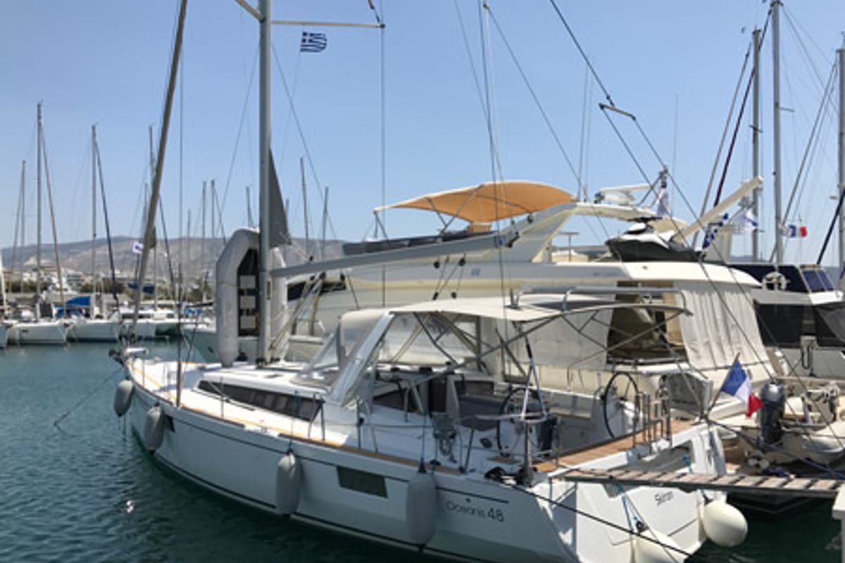Exterior view of Skiron, a Beneteau Oceanis 48 sailboat at Athens, Greece