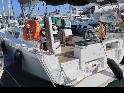 Cockpit of SIRIUS, a Dufour 37 sailboat at Sant Antoni de Portmany, Spain