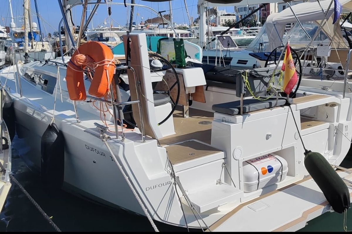Cockpit of SIRIUS, a Dufour 37 sailboat at Sant Antoni de Portmany, Spain