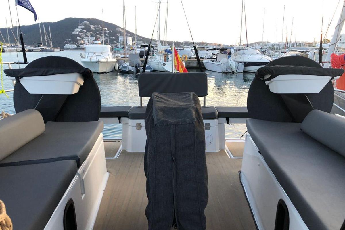 Cockpit of SIRIUS, a Dufour 37 sailboat at Sant Antoni de Portmany, Spain