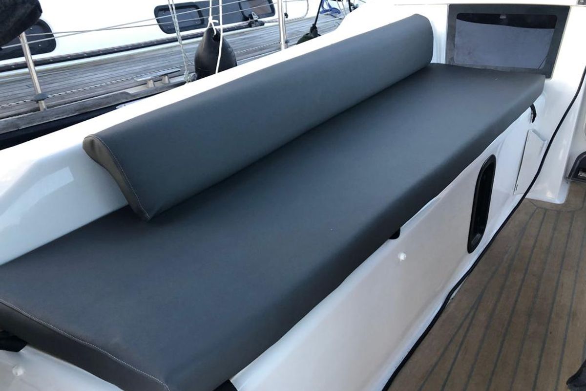 Deck of SIRIUS, a Dufour 37 sailboat at Sant Antoni de Portmany, Spain