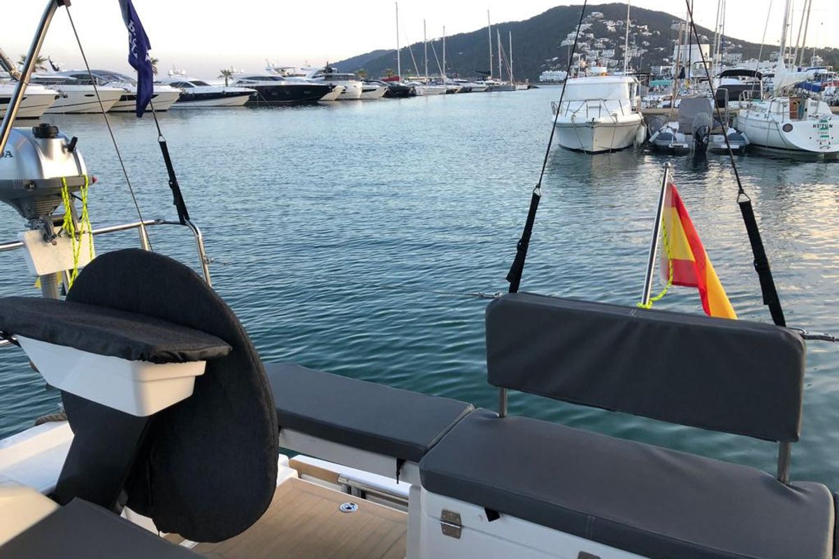 Cockpit of SIRIUS, a Dufour 37 sailboat at Sant Antoni de Portmany, Spain