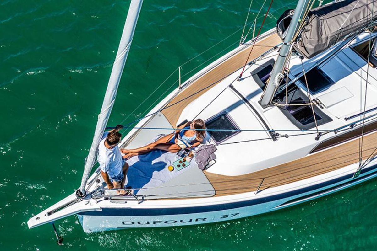 Exterior view of SIRIUS, a Dufour 37 sailboat at Sant Antoni de Portmany, Spain