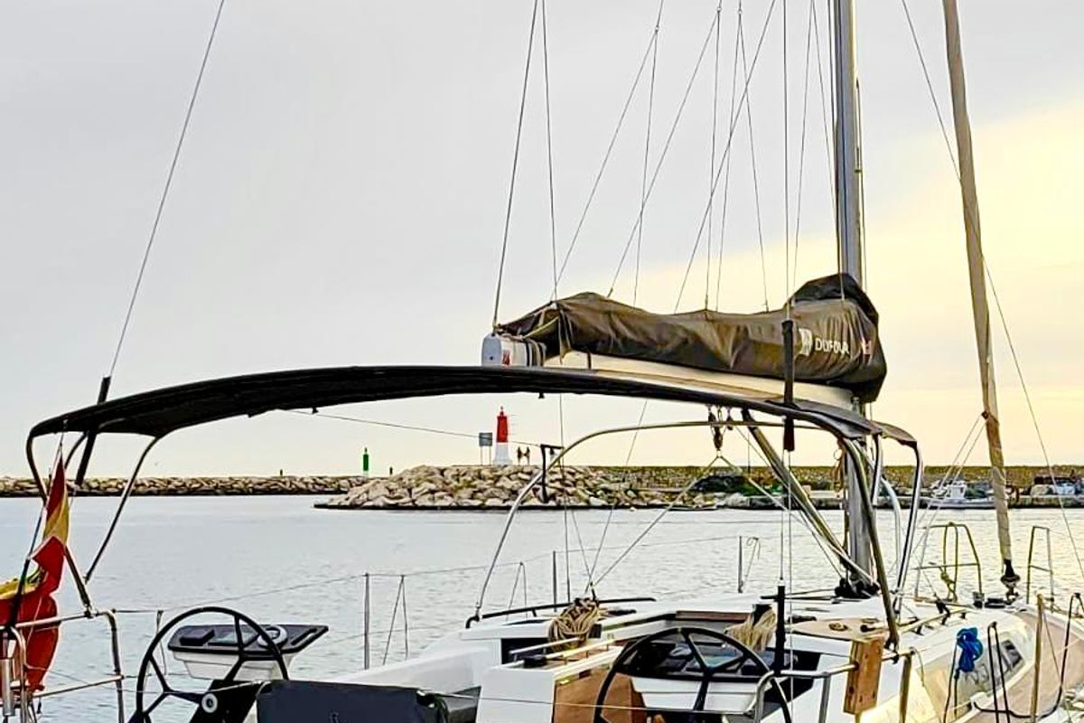 Cockpit of SIRIUS, a Dufour 37 sailboat at Sant Antoni de Portmany, Spain