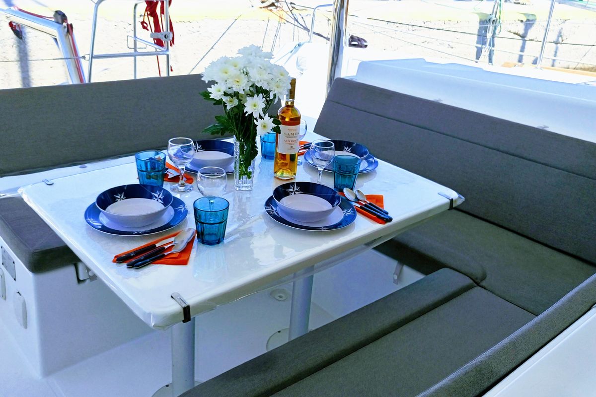 Deck of Lion Royal, a Lagoon 39 catamaran at Municipal Unit of Kranidi, Greece